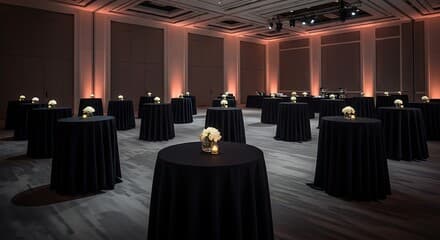 Elegant cocktail reception setup with black linens and floral centrepieces